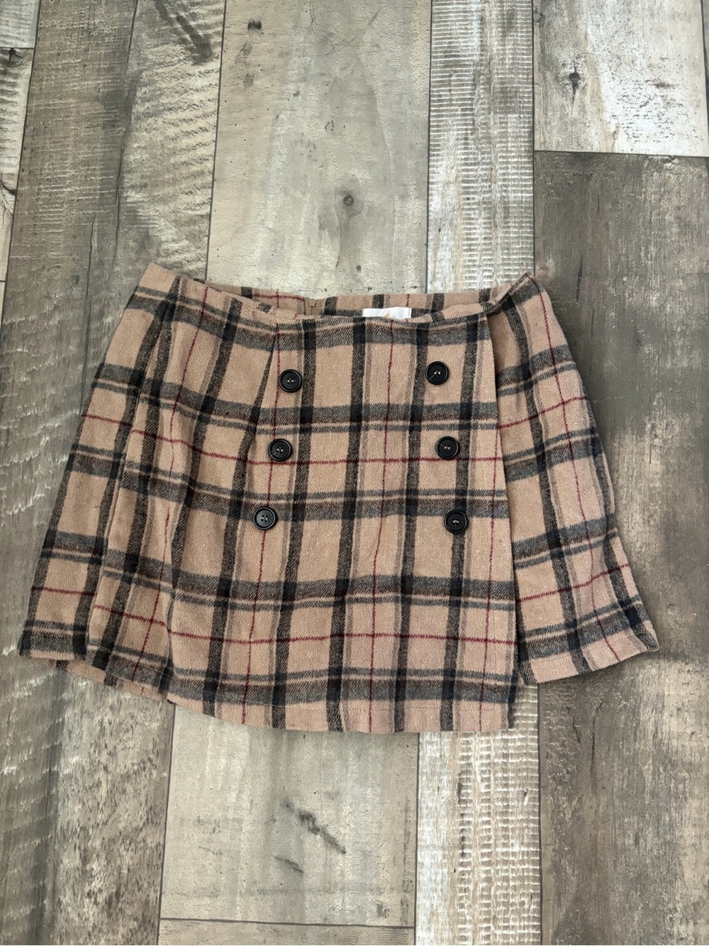 Double-Breasted Beige Plaid Skort with Button Detail
